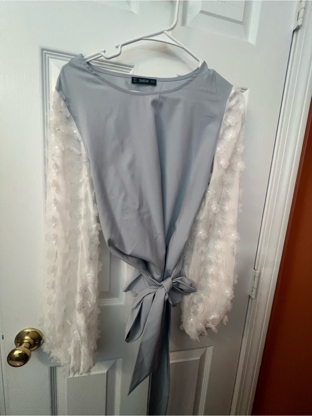SHEIN Light Blue Tie-Front Top with White 3D Floral Sleeves